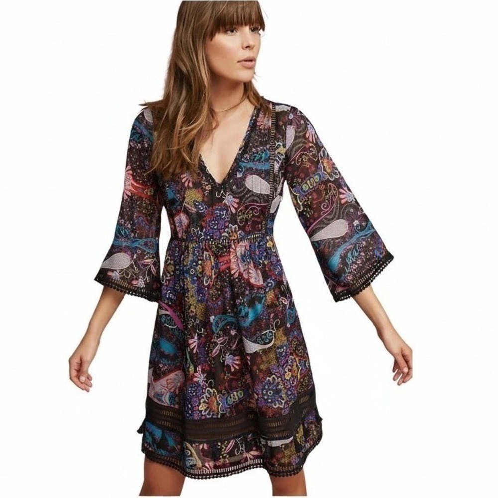 Ranna Gill Anthropologie Viola Kimono Dress Paisley Mini Black Size 4 - Picture 2 of 5